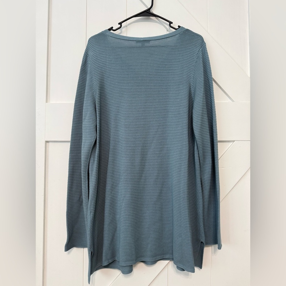 Eileen Fisher Teal Knit V Neck Pullover Long Sleeve Blouse size large - Picture 3 of 15